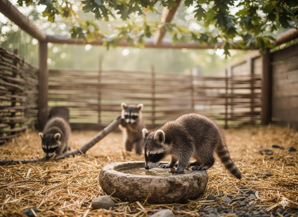 Three young raccoons in a rehabilitation enclosure, one drinking from a stone water dish while others forage nearby