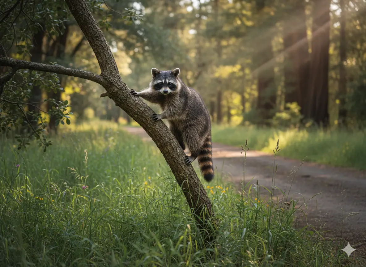 Raccoon looking out from a roadside tree