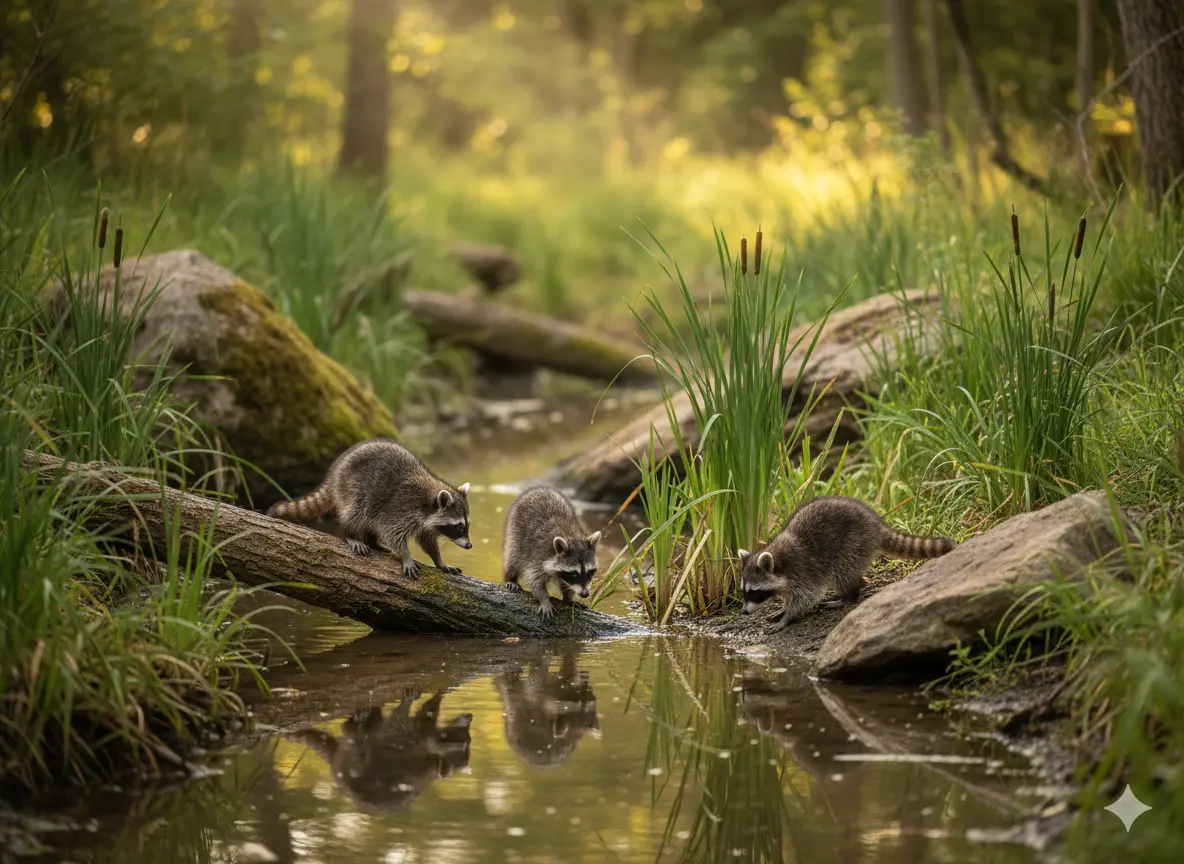 Three young raccoons foraging together along a wetland creek with mossy logs and cattails