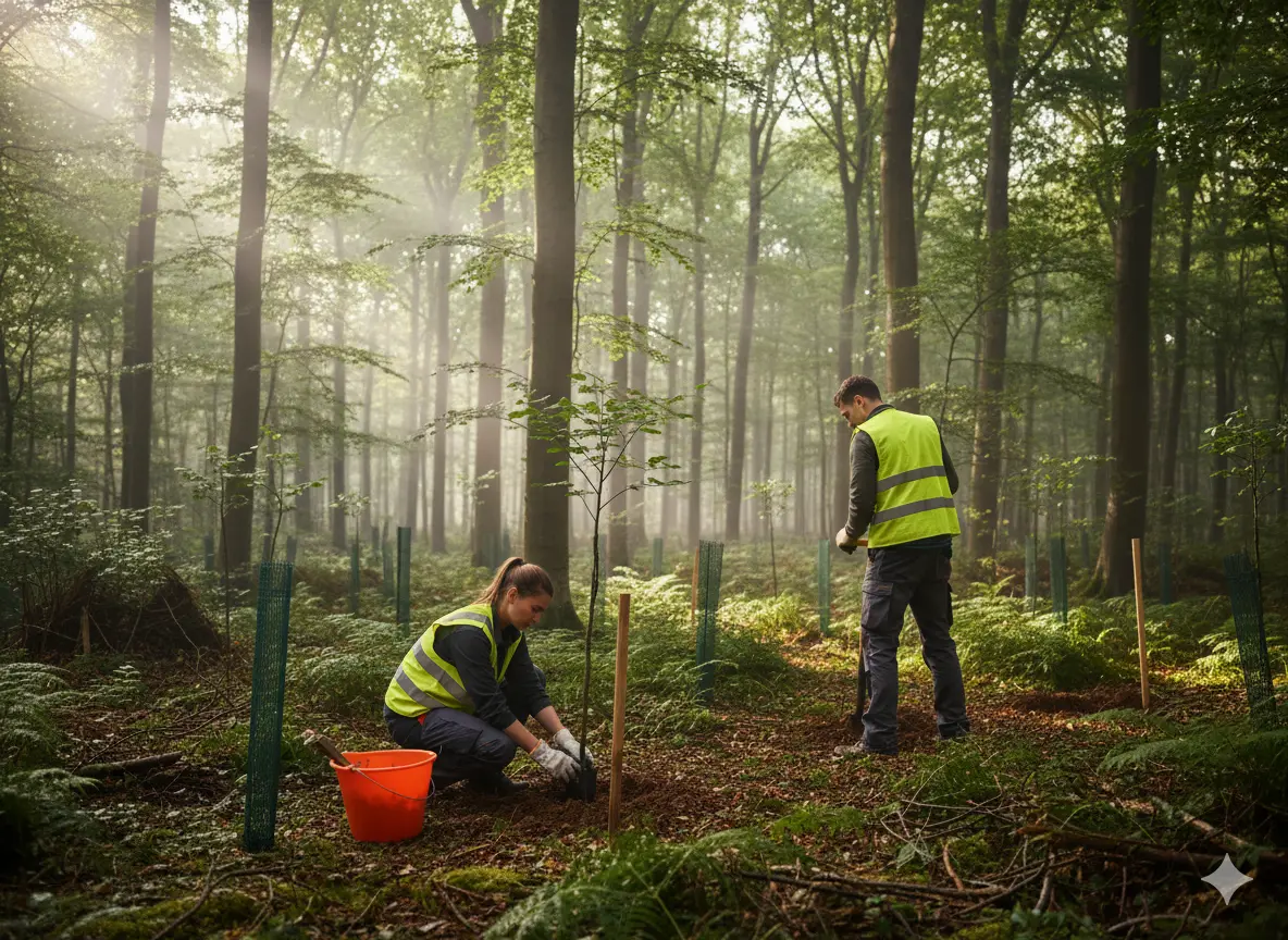 Volunteers planting saplings in a forest