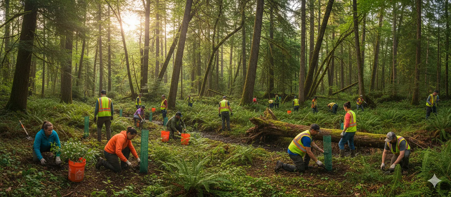 Volunteers in safety vests planting trees and restoring habitat in a sunlit forest corridor.