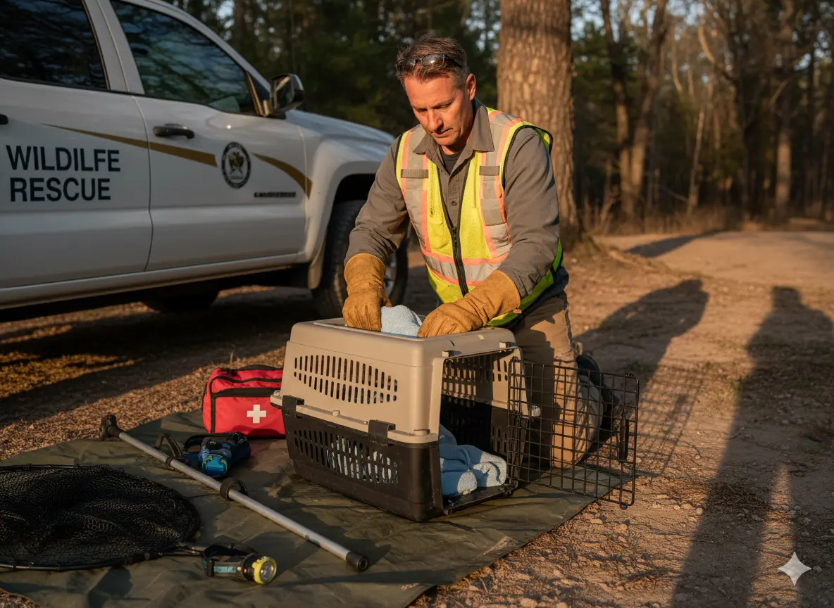 Wildlife responder preparing a transport crate